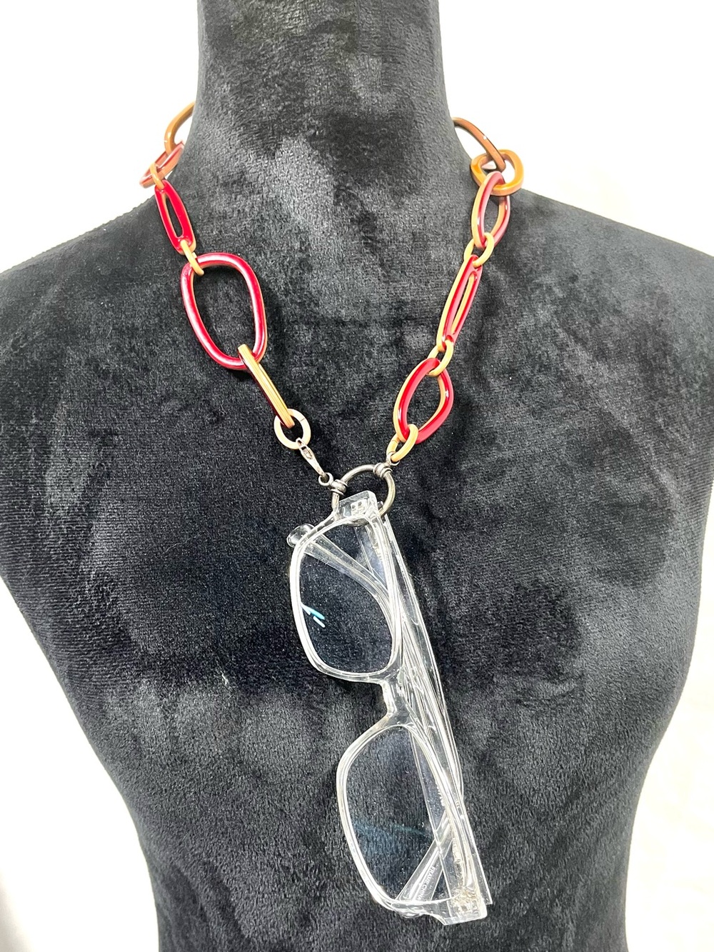 LA LOOP Eyeglasses Holders Necklace Acetate Links Red & Tan Sterling Clasp - Picture 2 of 13